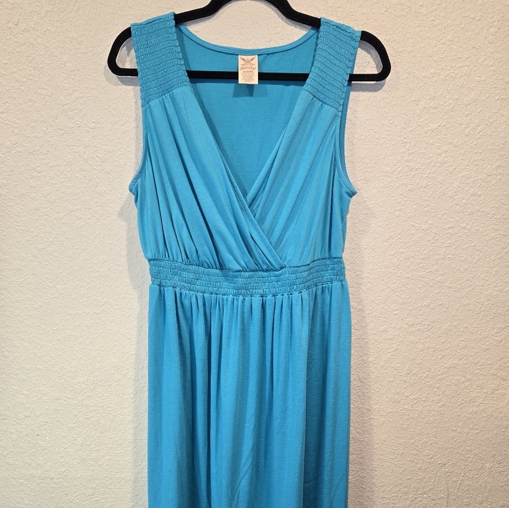 Faded Glory Size XL Sleeveless Turquoise V-Neck Maxi Dress with Smocked Waist
